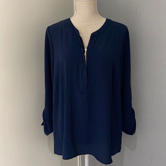 D.N.A. Couture long sleeve soft navy blouse with tie up sleeves w/ gold buttons - Picture 1 of 5